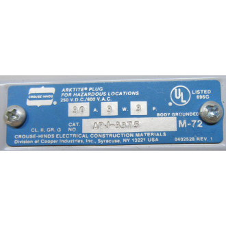 Crouse & Hinds APJ-3375 Arktite Plug APJ3375 - New No Box