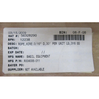 Basil Equipment R004006-011 Steel Rope R004006011 - New No Box
