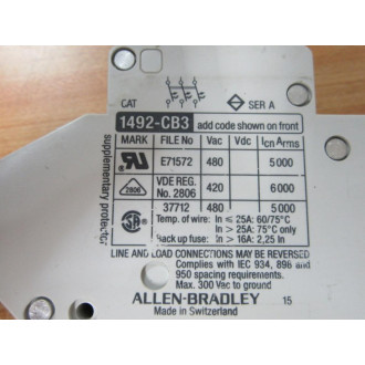 Allen Bradley 1492-CB3 H 050 Circuit Breaker 1492CB3 Series A - New No Box
