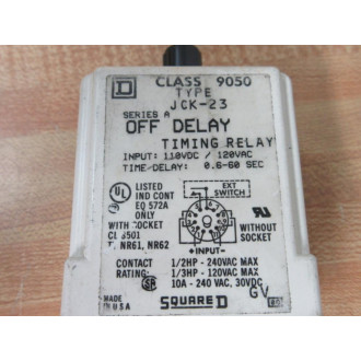 Square D 9050-JCK-23 Off Delay Timing Relay 9050JCK23 - Used