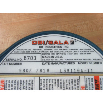 DBISala L3911GA-11 Self Retracting Lifeline L3911GA11 - Used