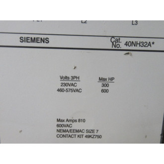 Siemens 40NH32A* Size 7 Heavy Duty Contactor Coil: 250-500V - Used