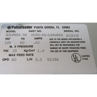 Pulsafeeder UD50-XA-LSAUXXX Metering Pump UD50XALSAUXXX - Used Pulsafeeder UD50-XA-LSAUXXX Metering Pump UD50XALSAUXXX - Used