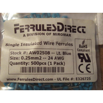 Ferrules Direct AW02508-LT BLUE Single Insulated Wire Ferrules AW02508LTBLUE (Pack of 500)