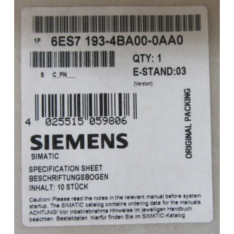 Siemens 6ES7 193-4BA00-0AA0 Label Strips 6ES71934BA000AA0 (Pack of 10)