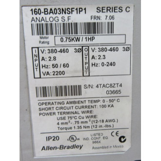 Allen Bradley 160-BA03NSF1P1 Speed Controller 160BA03NSF1P1 WO Keypad - Used