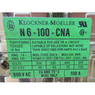 KlocknerMoeller N6-100-CNA Disconnect Switch N6100CNA - Used
