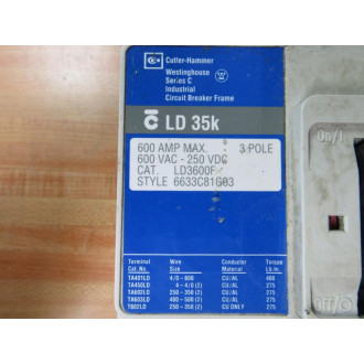 Cutler Hammer 6633C81G03 600A Circuit Breaker LD3600F - Used