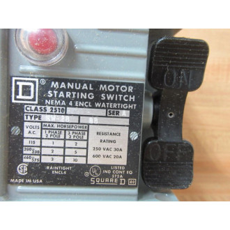 Square D 2510-KW-2B Manual Motor Starting Switch 2510KW2B