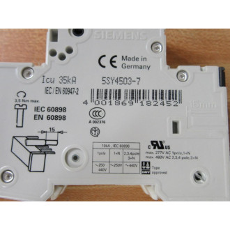 Siemens 5SY4 503-7 3A Circuit Breaker 5SY45037 Siemens 5SY4 503-7 3A Circuit Breaker 5SY45037