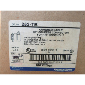 Thomas & Betts 253-TB 38" Armored Cable Squeeze Connector 253TB (Pack of 95) Thomas & Betts 253-TB 38" Armored Cable Squeeze Connector 253TB (Pack of 95)