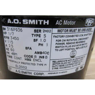 A.O. Smith EL2002 Oil Burner AC Motor