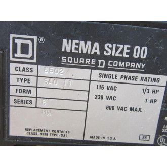 Square D 8502-SAO11 Contactor 8502SAO11 - Used