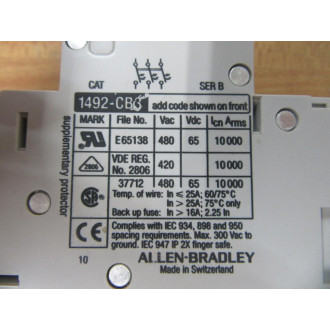 Allen Bradley 1492-CB3G200 Manual Motor Controller 1492CB3G200 Series B - New No Box