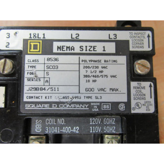 Square D 8536-SCO3S Contactor 8536-SC03S 7-12 HP - Used