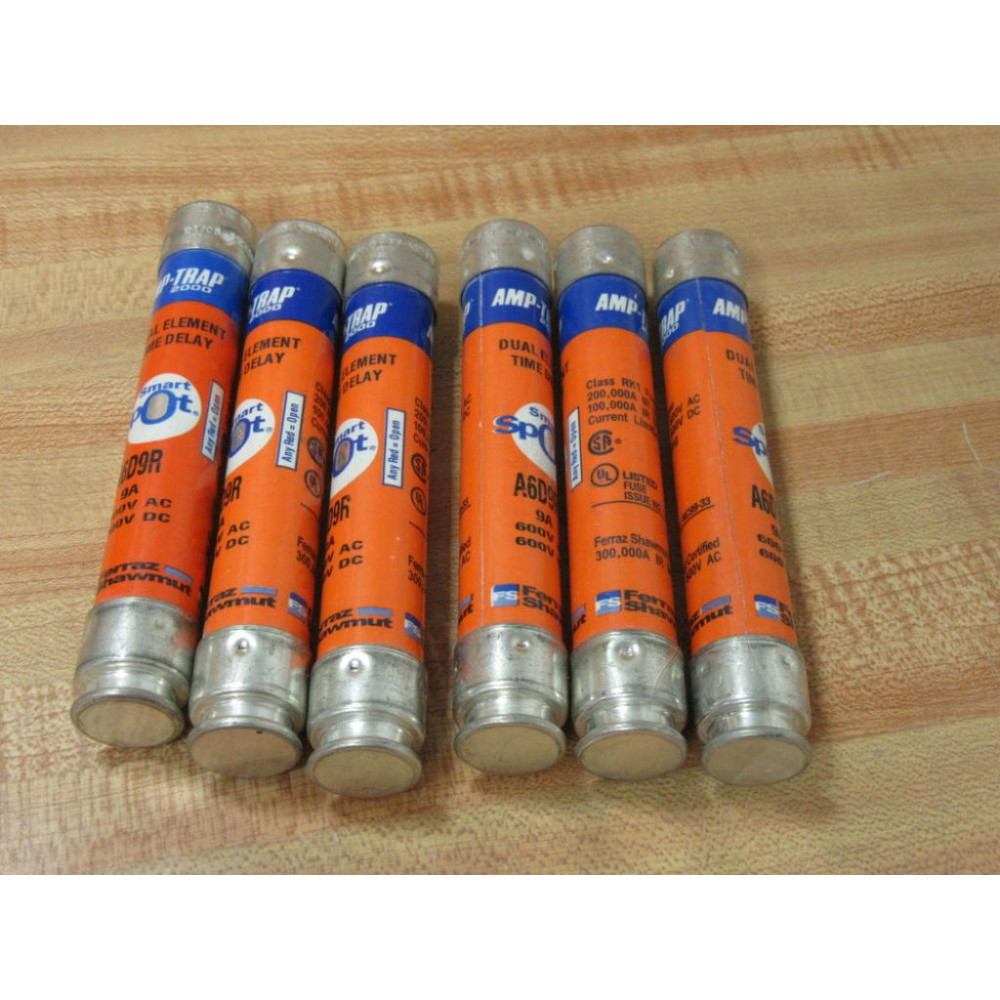 Ferraz Shawmut A6D9R Smart Spot Dual Element Fuse (Pack of 6) - New No Box Ferraz Shawmut A6D9R Smart Spot Dual Element Fuse (Pack of 6) - New No Box