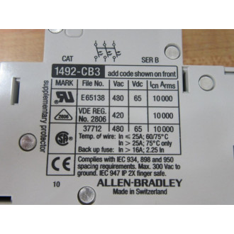 Allen Bradley 1492-CB3G200 Manual Motor Controller 1492CB3G200 Series B