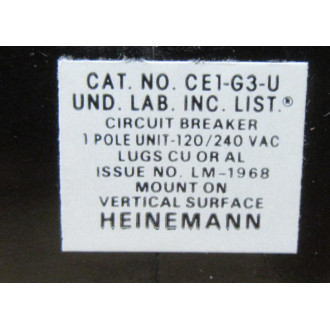 Heinemann CE1-G3-U Circuit Breaker  CE1G3U W Chipped Corner - New No Box