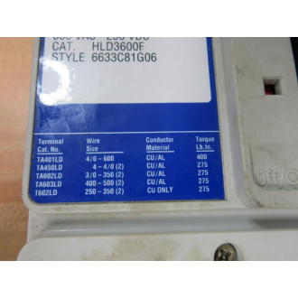 Cutler Hammer HLD3600F Eaton 600A Circuit Breaker 6633C81G06 W 3 Lugs - Used