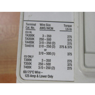 Cutler Hammer KD3400F Eaton 400A Circuit Breaker 1492D81G03 - Used