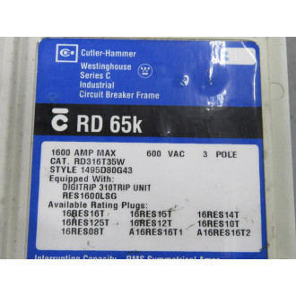 Cutler Hammer RD316T35W Eaton 1600A Circuit Breaker 1495D80G43 - Used Cutler Hammer RD316T35W Eaton 1600A Circuit Breaker 1495D80G43 - Used