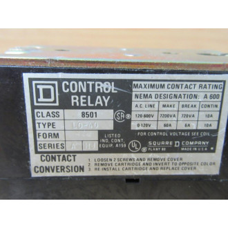 Square D 8501 L0-40 Control Relay 8501 LO-40 Ser. AMJ - Used