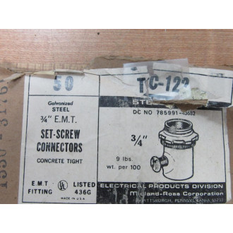 Midland Ross TC-122 34" EMT Set Screw Connectors TC122 (Pack of 50) - New No Box