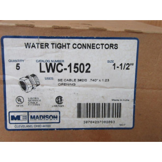 Madison LWC-1502 1-12" Water Tight Connector LWC1502 (Pack of 5) Madison LWC-1502 1-12" Water Tight Connector LWC1502 (Pack of 5)