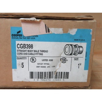 Cooper Crouse Hinds CGB398 1" Straight Body CordCable Fitting (Pack of 5)