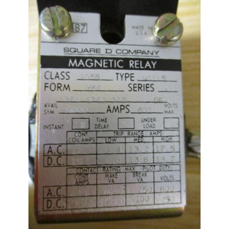 Square D 9055-NO155 Magnetic Relay 9055-N0115 - Used