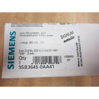 Siemens 3SB3 645-0AA41 Green Button 3SB36450AA41 W Base & Clip