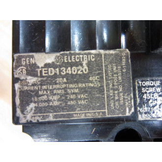 General Electric TED134020 Circuit Breaker 20 Amps - Used General Electric TED134020 Circuit Breaker 20 Amps - Used