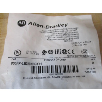 Allen Bradley 800FP-LE3MN3GX11 Illum. Push Button 800FPLE3MN3GX11 Ser. A