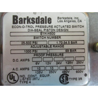 Barksdale E1H-H500 Econ-O-Trol Pressure Actuated Switch - New No Box