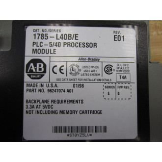 Allen Bradley 1785-L40B CPU Module 1785L40B Series E, Rev. E01 - Used