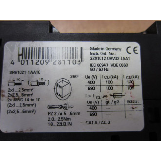 Siemens 3RV1-021-1AA10 Relay 3RV10211AA10 - Used