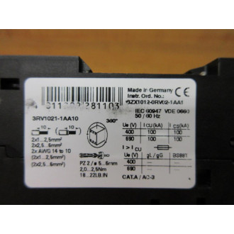Siemens 3RV1021-1AA10 Relay 3RV10211AA10 W3RV1901-1E - Used