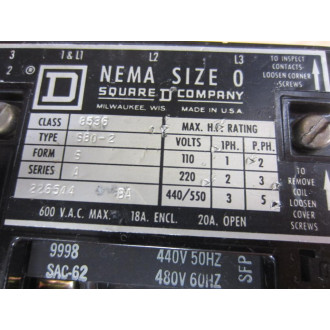 Square D 8536-SBO2 Starter 8536-SB02S wo Overload Relay - New No Box