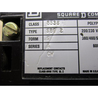 Square D 8536-SBO2 Starter 8536-SB02S Reversing Starter - Used