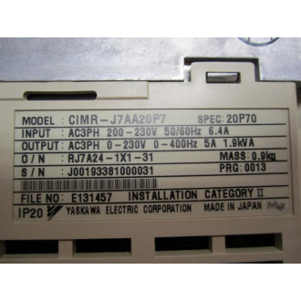 Yaskawa Electric CIMR-J7AA20P7 Variable Frequency Drive Missing Terminal Covers - Used