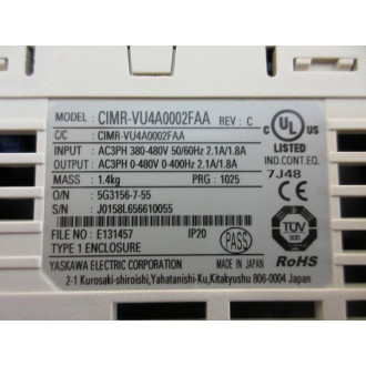 Yaskawa Electric CIMR-VU4A0002FAA Drive CIMRVU4A0002FAA REV: C - Used