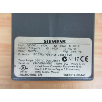 Siemens 6SE9214-0DA40 Drive 6SE92140DA40 - Used