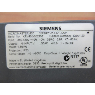 Siemens 6SE6420-2UD21-5AA1 Drive 6SE64202UD215AA1 - Used