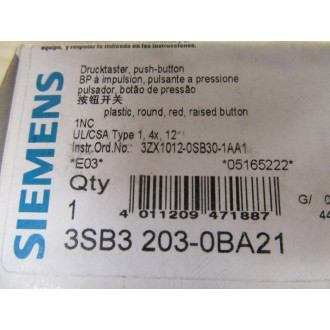 Siemens 3SB3203-0BA21 Push Button 3SB32030BA21 Operator Only
