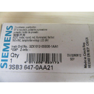 Siemens 3SB3647-0AA21 Push Button 3SB36470AA21 Operator Only
