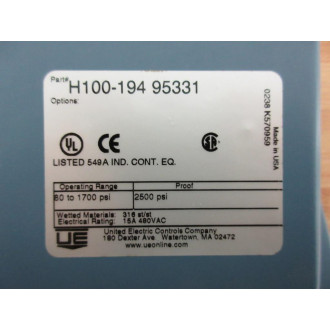 United Electric Controls Co H100-194 95331 Pressure Switch H10019495331 - New No Box