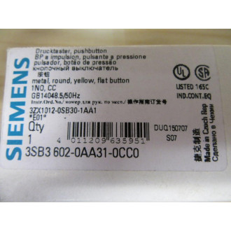 Siemens 3SB3602-0AA31-0CC0 Push Button 3SB36020AA310CC0 Operator Only