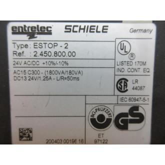 Entrelec Schiele ESTOP-2 Relay 2.450.800.00 - Used