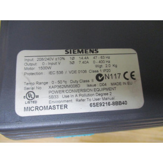 Siemens 6SE9216-8BB40 Micromaster Drive 6SE92168BB40 - Used