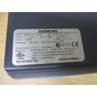 Siemens 6SE9216-8BB40 Micromaster Drive 6SE92168BB40 WO Cover - Used